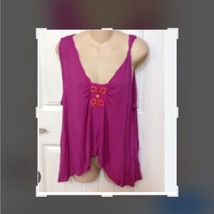 Free People Asymmetrical Pink Tank with Bead and Crochet Detail